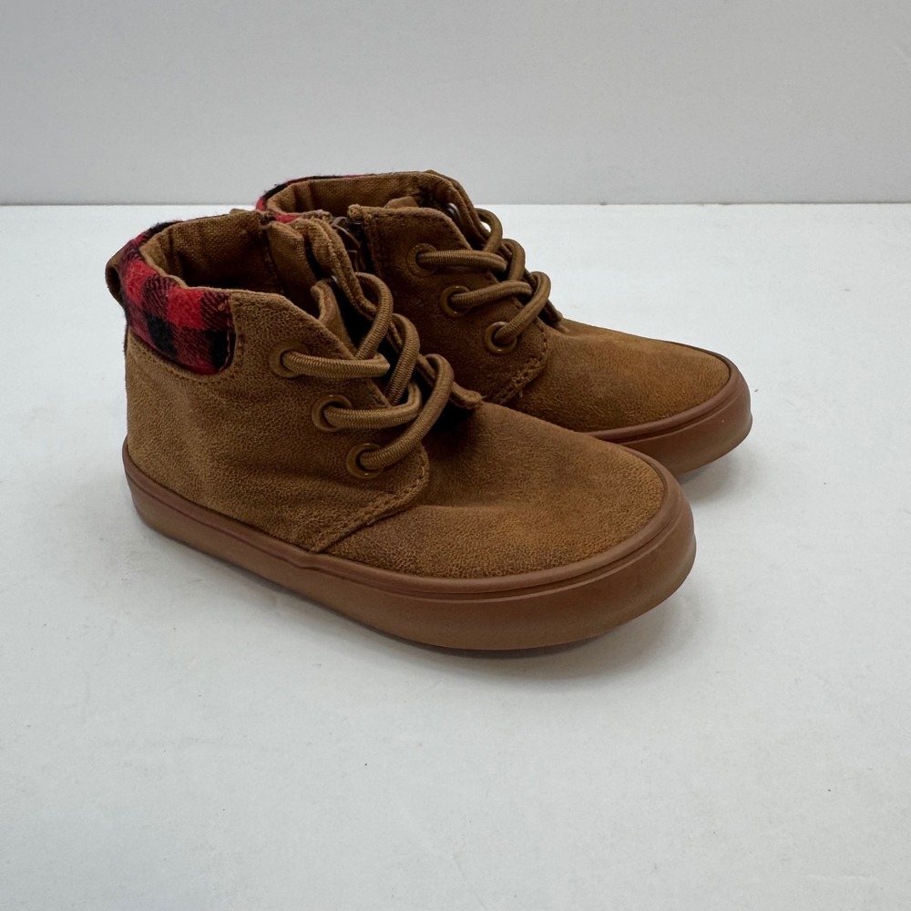 Old Navy High Top Sneakers Kids 6 Brown Buffalo Plaid Side Zip Boots 5483894-00‎